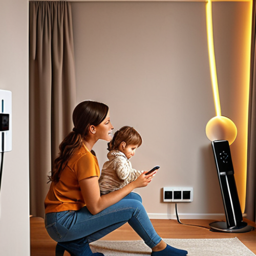 Home 8 **
A modern home interior scene. LED bulbs illuminate a room with natural light streaming in through open curtains. A smart thermostat is visible on the wall. A family member is shown unplugging a phone charger from the wall socket. The overall impression should be bright, efficient, and conscious of energy saving.
**