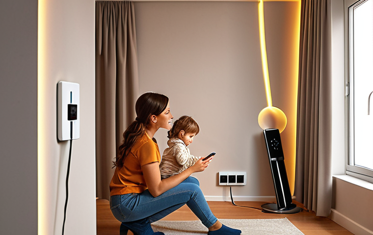 **
A modern home interior scene. LED bulbs illuminate a room with natural light streaming in through open curtains. A smart thermostat is visible on the wall. A family member is shown unplugging a phone charger from the wall socket. The overall impression should be bright, efficient, and conscious of energy saving.
**