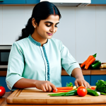 **

"A woman in a modest and fully clothed salwar kameez, skillfully cutting vegetables on a wooden cutting board in a clean, bright kitchen, appropriate attire, safe for work, perfect anatomy, natural proportions, well-formed hands, proper finger count, professional photography, high quality, family-friendly."

**