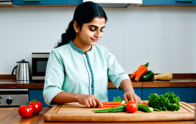 **
"A woman in a modest and fully clothed salwar kameez, skillfully cutting vegetables on a wooden cutting board in a clean, bright kitchen, appropriate attire, safe for work, perfect anatomy, natural proportions, well-formed hands, proper finger count, professional photography, high quality, family-friendly."
**