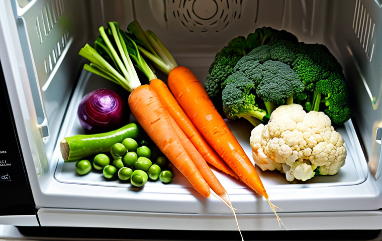 Microwave Vegetable Steaming**

"Close-up shot of assorted vegetables (carrots, peas, cauliflower, broccoli) steaming in a microwave-safe dish inside a microwave oven.  Vegetables are vibrant and colorful. Fully clothed, safe for work, appropriate content, professional food photography, perfect anatomy (for any hands subtly visible), natural proportions, well-lit, family-friendly, modest."

**