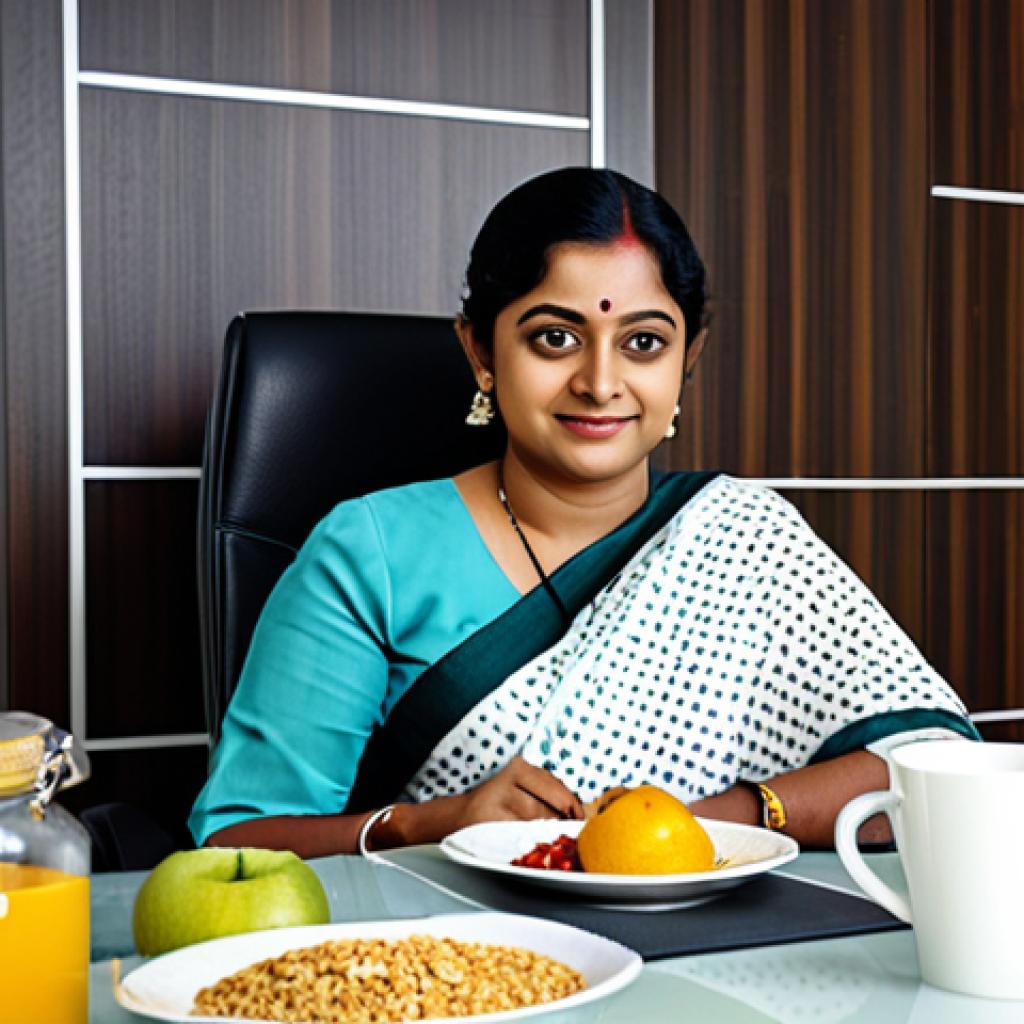 건강한 한끼를 위한 에너지 효율 조리법 - A professional Bengali businesswoman in a modest sari, sitting at a desk with healthy breakfast opti...