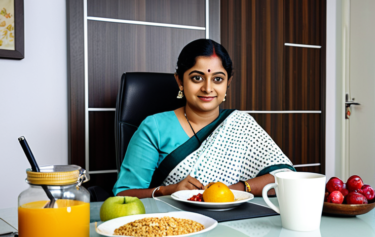 건강한 한끼를 위한 에너지 효율 조리법 - A professional Bengali businesswoman in a modest sari, sitting at a desk with healthy breakfast opti...