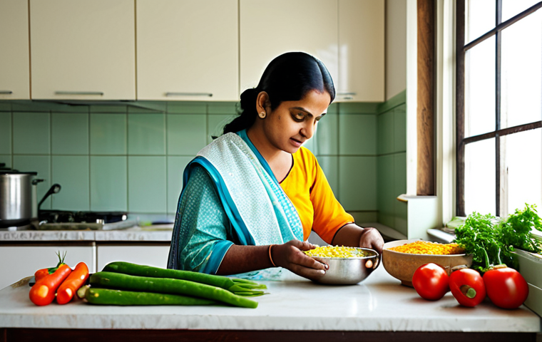 건강한 한끼를 위한 에너지 효율 조리법 - A professional Bengali businesswoman in a modest sari, sitting at a desk with healthy breakfast opti...