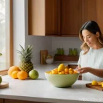 음식 데우기 시 에너지 절약 팁 - A bright, clean, and organized modern kitchen with warm wooden accents. A woman in her early thirtie...