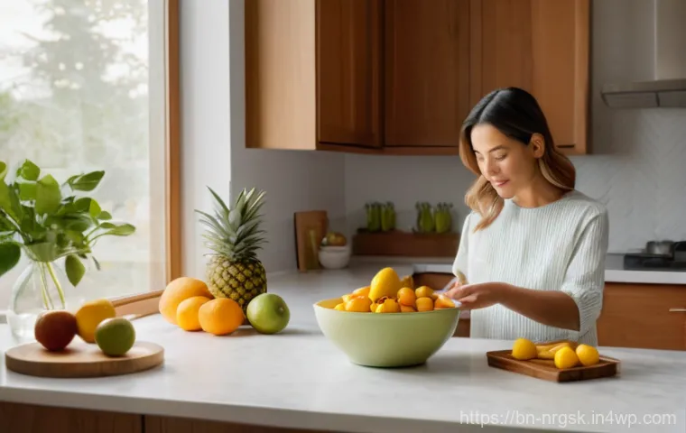 음식 데우기 시 에너지 절약 팁 - A bright, clean, and organized modern kitchen with warm wooden accents. A woman in her early thirtie...