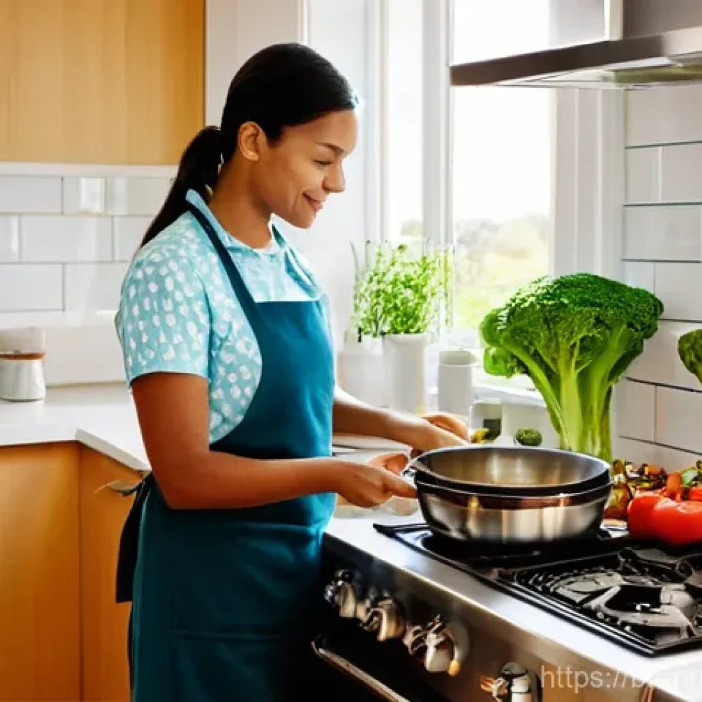 조리 과정에서 에너지 비용 계산하기 - **Prompt:** A cozy, sunlit kitchen interior, bustling with smart cooking activity. An adult, dressed...