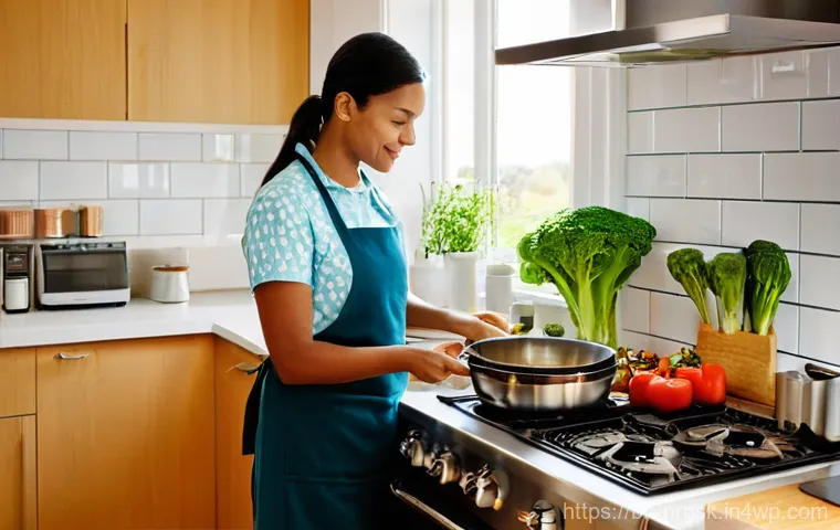 조리 과정에서 에너지 비용 계산하기 - **Prompt:** A cozy, sunlit kitchen interior, bustling with smart cooking activity. An adult, dressed...