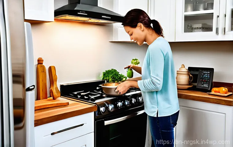 조리 과정에서 에너지 비용 계산하기 - **Prompt:** A sleek, minimalist kitchen counter focusing on modern, energy-efficient appliances. In ...
