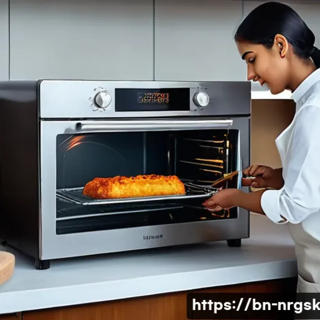 오븐 사용 시 에너지 효율을 극대화하는 법 - A modern kitchen scene featuring a digital oven with a clear glass door showing a large roast inside...