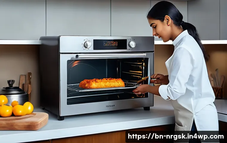 오븐 사용 시 에너지 효율을 극대화하는 법 - A modern kitchen scene featuring a digital oven with a clear glass door showing a large roast inside...