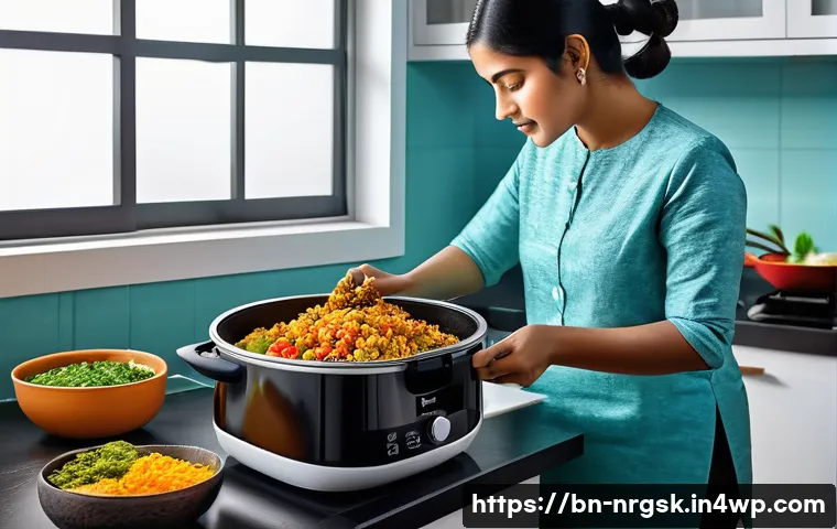 냉동식품을 활용한 에너지 효율적 조리법 - A modern kitchen scene showcasing energy-efficient cooking gadgets like an induction cooktop and an ...