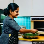 Home 18 에너지 효율적 조리법으로 건강한 간식 만들기 - A cozy kitchen scene in a Bengali home featuring a woman preparing healthy snacks using a microwave ...