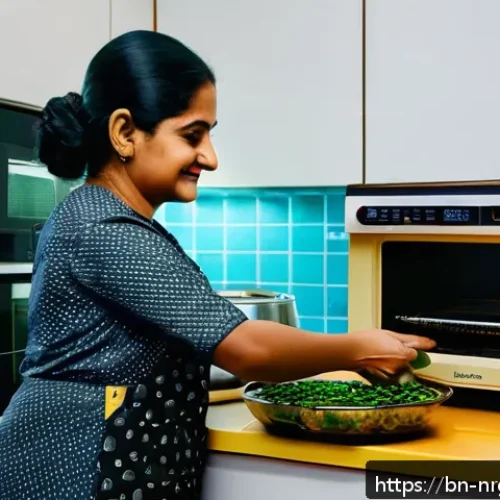 Home 30 에너지 효율적 조리법으로 건강한 간식 만들기 - A cozy kitchen scene in a Bengali home featuring a woman preparing healthy snacks using a microwave ...