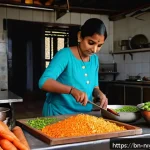 Home 23 육수 만들기의 에너지 절약형 팁 - A traditional Bengali kitchen scene showing a person carefully measuring and chopping fresh ingredie...