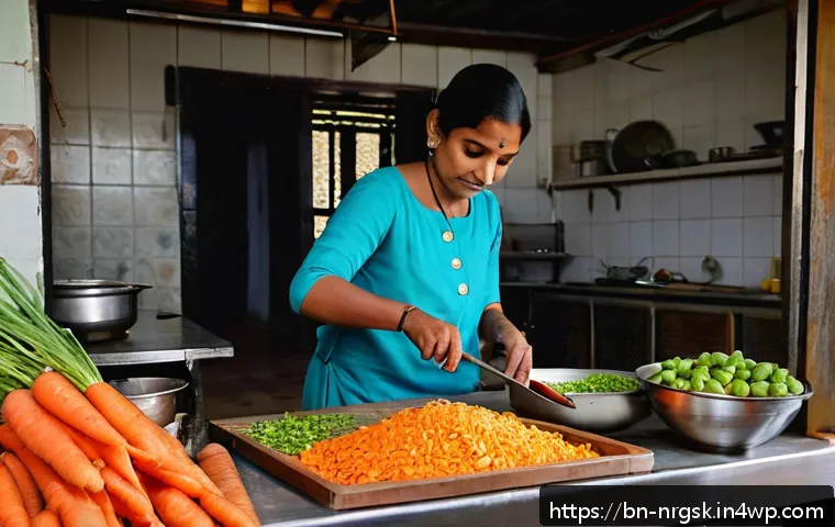 육수 만들기의 에너지 절약형 팁 - A traditional Bengali kitchen scene showing a person carefully measuring and chopping fresh ingredie...