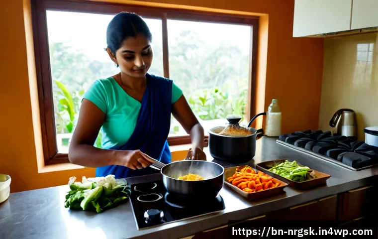 식사 준비에서의 에너지 효율성 - Photorealistic energy-efficient meal preparation in a bright modern South Asian home kitchen, Bengal...