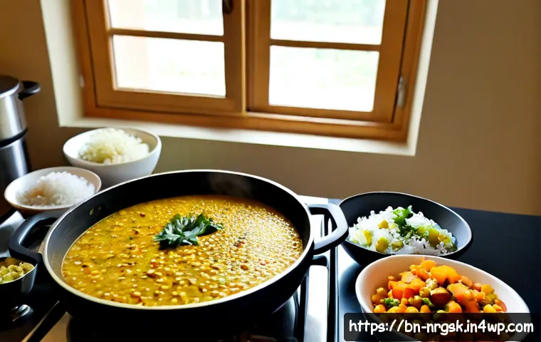 에너지 효율성을 고려한 저녁식사 아이디어 - Photorealistic Bengali-inspired energy-efficient dinner preparation in a compact modern home kitchen...