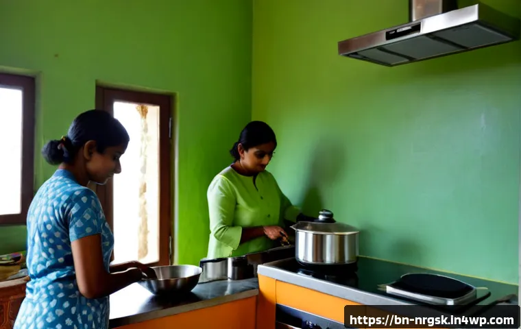 조리 시 에너지 감시 기구 활용하기 - Photorealistic modern home kitchen, a Bengali family cook monitoring a compact plug-in electricity u...