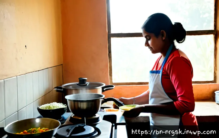 식사 전 준비에서 에너지 효율 고려하기 - Photorealistic Bangladeshi home kitchen, a woman preparing ingredients for a meal before cooking, ve...